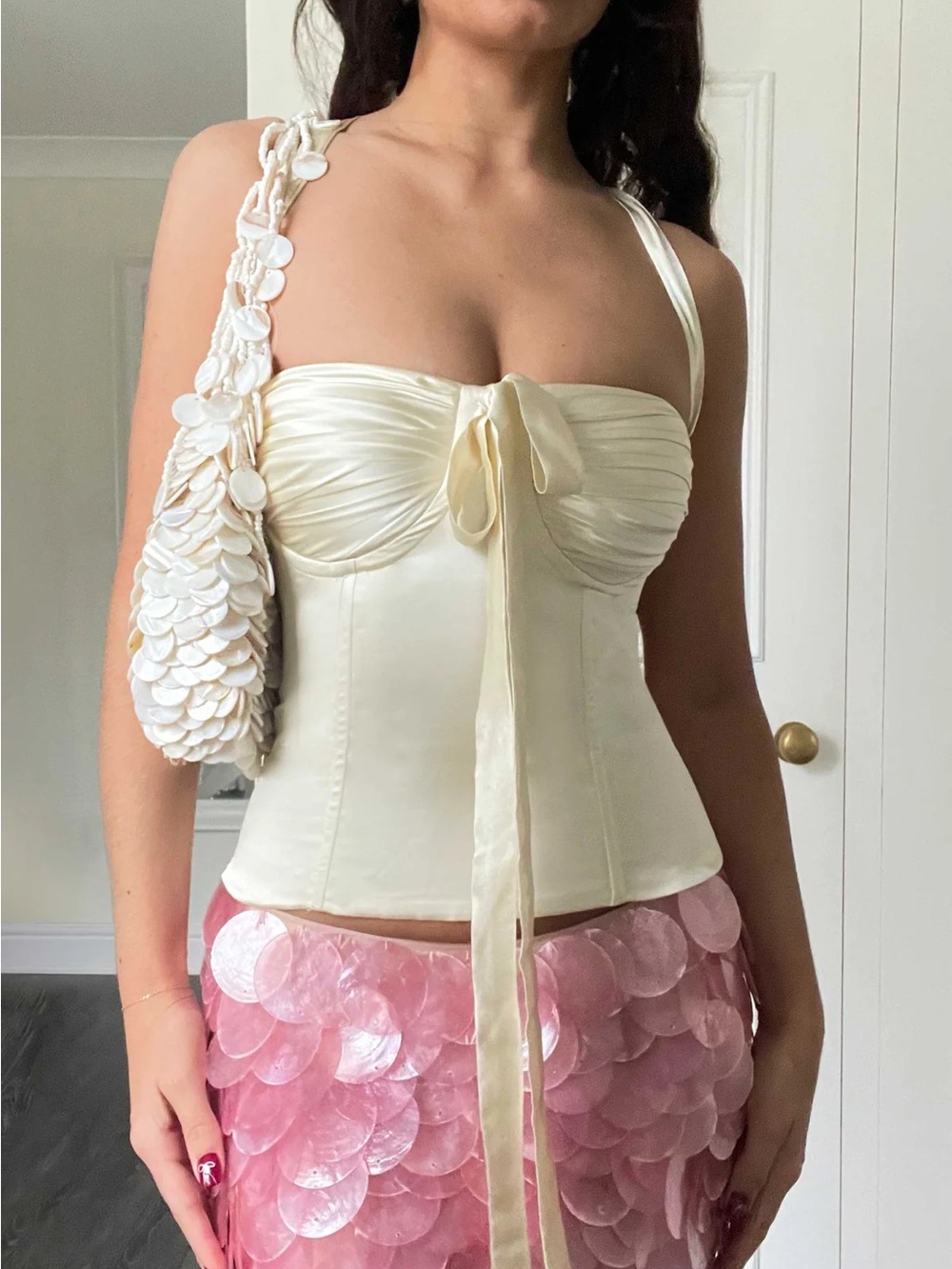 Indah Ivory silk Corset Top with Front Tie